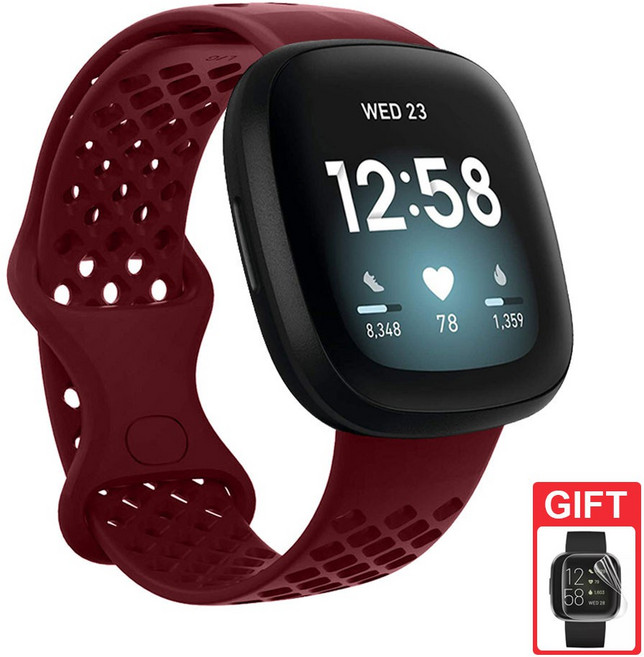 適用於 Fitbit Versa 3 / Versa 4 / Sense / Sense 2 矽膠透氣替換錶帶 腕帶, 紫紅,S, 1個