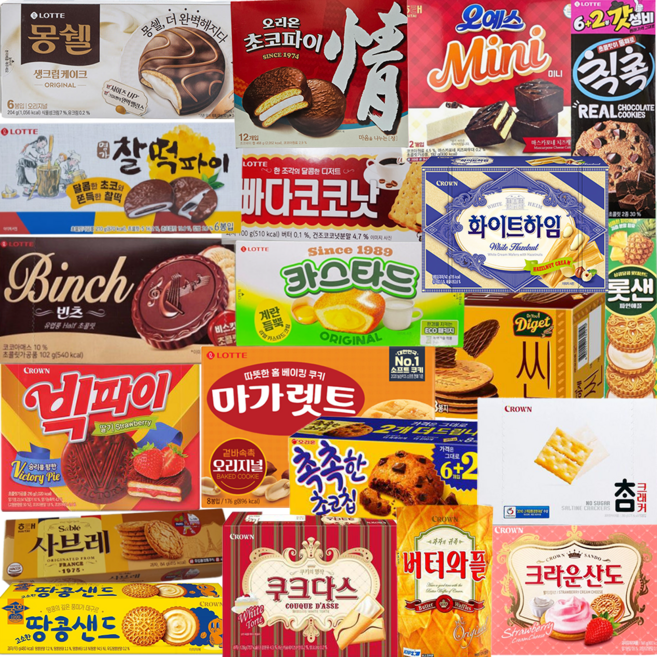 사무실 간식 인기과자 20종 세트 땅콩샌드 다이제씬 롯샌파인애플 마가렛트 찰떡파이 몽쉘 버터와플 빅파이딸기 빈츠 빠다코코낫 사브레 산도딸기 오예스미니 참크래커 촉촉한초코칩 칙촉, 1세트, 20종 과자