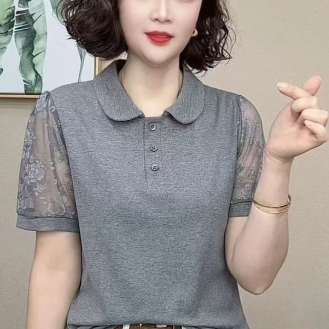 MOSAIRATION 여성 레이스 패치 카라 빅사이즈 중년 반팔 베이직 티셔츠 K0030526