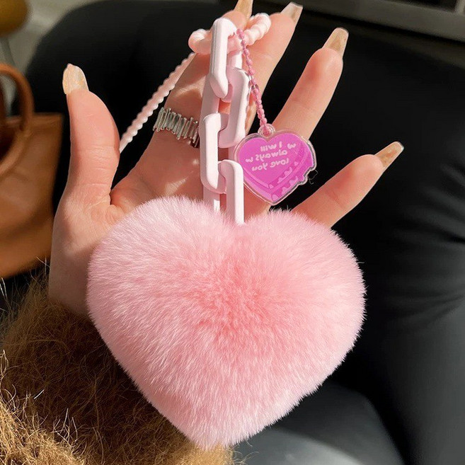 리얼 토끼털 샤샤벨 퍼 체인 폼폼 하트 여성 가방 키링