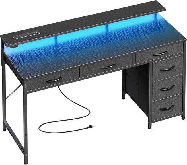 6 서랍이 있는 Huuger 게이밍 책상 LED 조명 전원 콘센트와 타입C가 컴퓨터 수납 공간이 47인치 오 모니터 스탠드 필기 워크 데스크 홈 침실 서재 블랙, 47 inch, Black