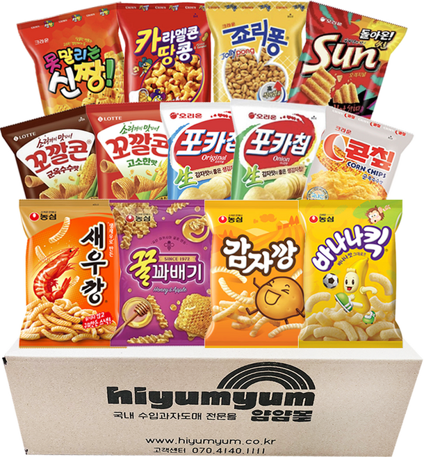 인기스낵 13종 세트 (콘칲+신짱+카라멜콘땅콩+죠리퐁+꼬깔콘고소+꼬깔콘군옥수수+포카칩+포카칩어니언+새우깡+꿀꽈배기+바나나킥+감자깡+썬칩), 1세트