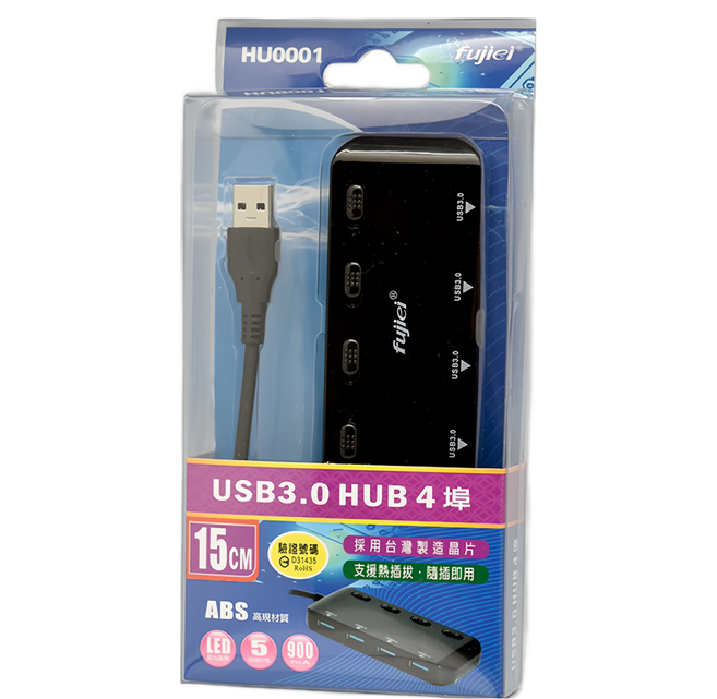 Fujiei USB 3.0 4埠集線器 獨立開關與台灣製造晶片, 黑色, 1個