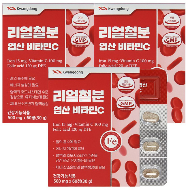 광동생활건강 리얼철분 엽산 비타민C, 3개, 60정