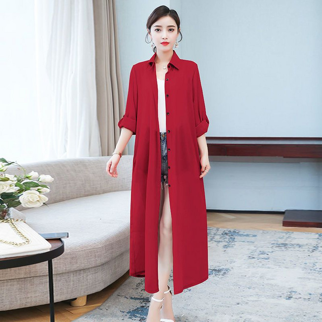 FANSYLI 여름 롱 쉬폰 가디건 여성 롱 프리미엄 자외선 차단 상의 빅사이즈 루즈핏 얇은 코트 쉬폰 자켓 에어컨 숄 가디건 W2407J14