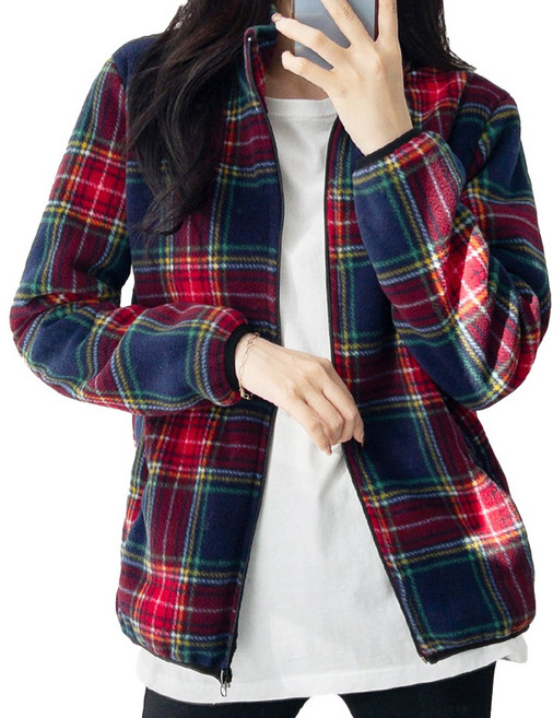 여성 겨울 기모 후리스 뽀글이 양털 퍼 안감 체크 폴라 플리스 집업 자켓