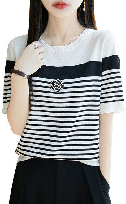 lofei 여성 여름 시원한 스트라이프 반팔 니트 티셔츠 TX21