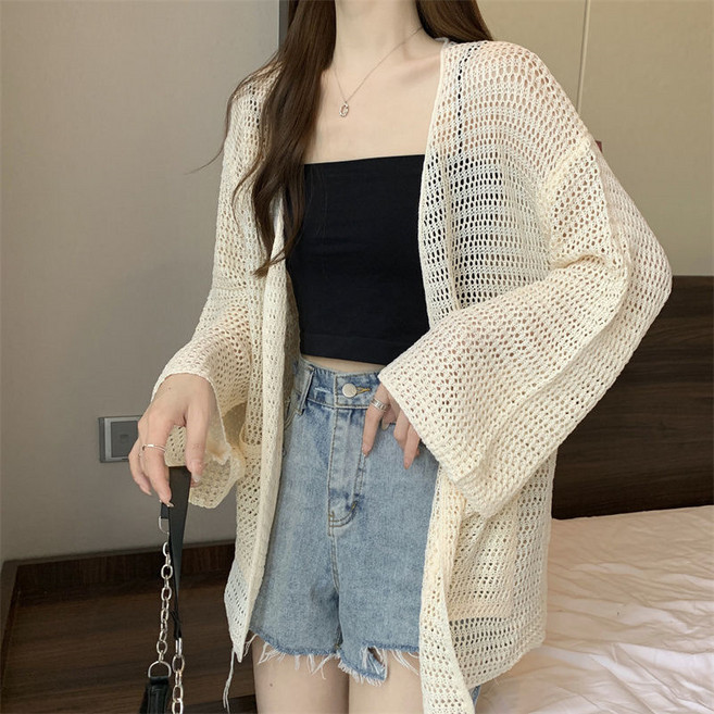 여성용 펀칭 자외선 차단 니트 카디건 여름 얇은 루즈핏 가오리 롱 에어컨 외투