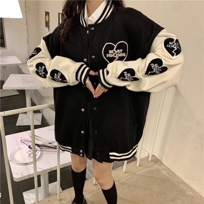 愛心拼色棒球服 寬鬆夾克外套