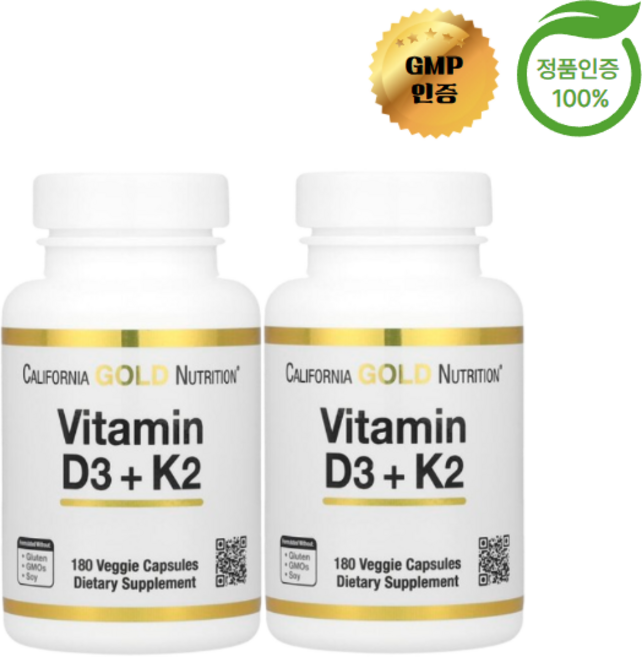 1+1 캘리포니아 골드 뉴트리션 비타민D3 + K2 베지 캡슐 180정, 2개