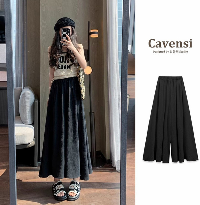 【Cavensi】 夏日涼感！慵懶風裙褲 韓版高腰寬鬆冰絲褲裙 顯瘦闊腿褲 大尺碼垂感 A128