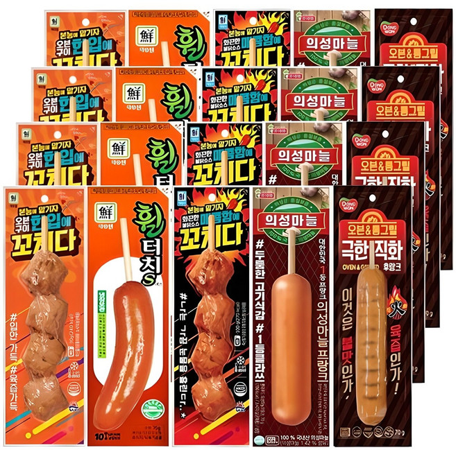 [다만세푸드] 한입에꼬치다+휠터치s+매콤함에꼬치다+의성마늘프랑크+극한직화후랑크 각4개씩 20개/편의점 핫바 소세지, 1개