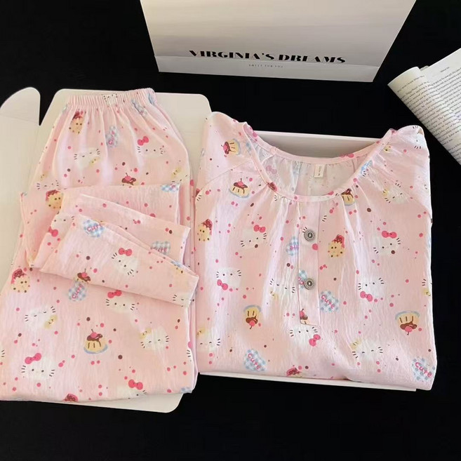 티류으스 헬로키티 여성용 데일리 긴팔 잠옷 상하 2종세트 긴팔+긴바지 세트