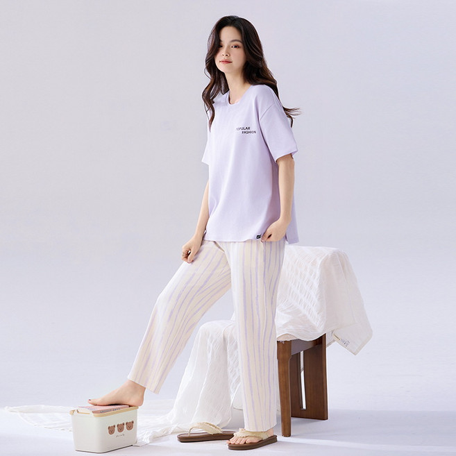 ANYOU 여자 순면 잠옷 라운드넥 반팔 실내외겸용 홈웨어