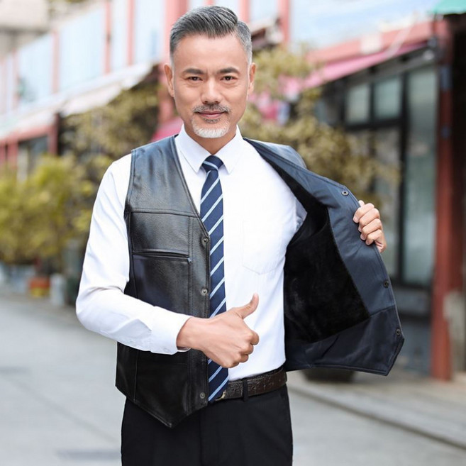 해피유통 남성 가죽 베스트 중장년 보온 캐주얼 오버핏 기모 아빠 코트 jhwj