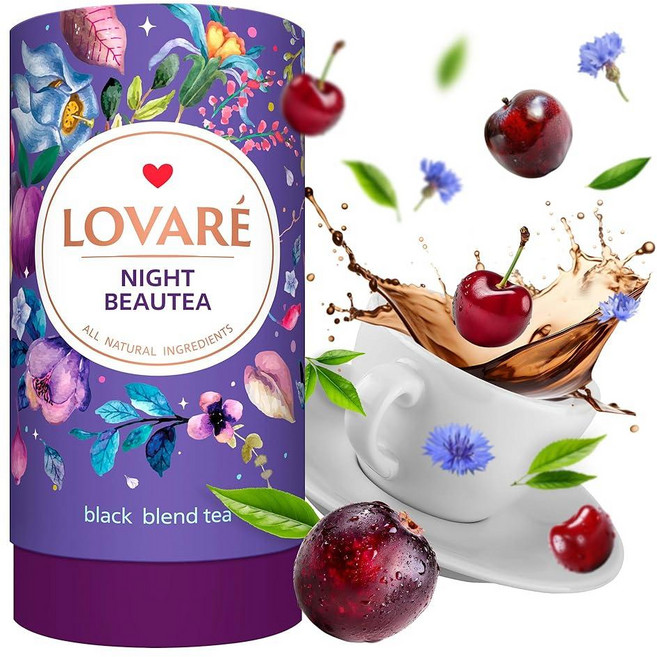 LOVARE Night Beautea 잎차 80g - 우크라이나산 - 실론 홍차 체리 베리 수레국화 꽃잎 로열 석류 자두 향 - 차 애호가 선물 상자 종이 필터 15개, 1개, 1개