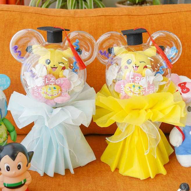포켓몬 피카츄 led 아크릴 인형꽃다발 유치원졸업식 어린이집 발표회 졸업꽃다발, 뉴피카츄, 블루포장, 학사모