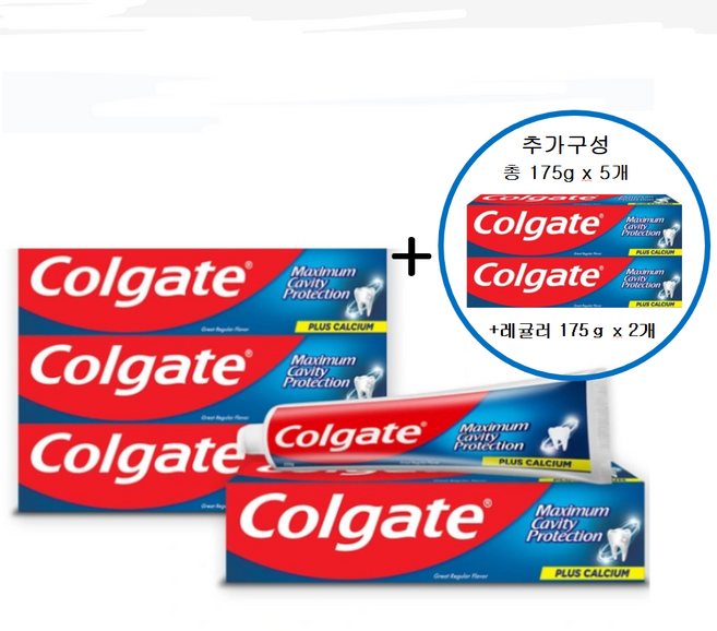 [치과전문의 치약 추천 1위] 입냄새 미백 잇몸 시린이 충치 집중 풀케어 "콜게이트레귤러 175"[+추가구성 콜게이트레귤러175g x 2개 ] 총5개
