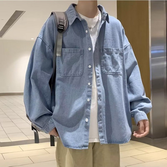 日系復古工裝襯衣男春秋季新款潮流寬鬆牛仔夾克襯衫休閒長袖外套