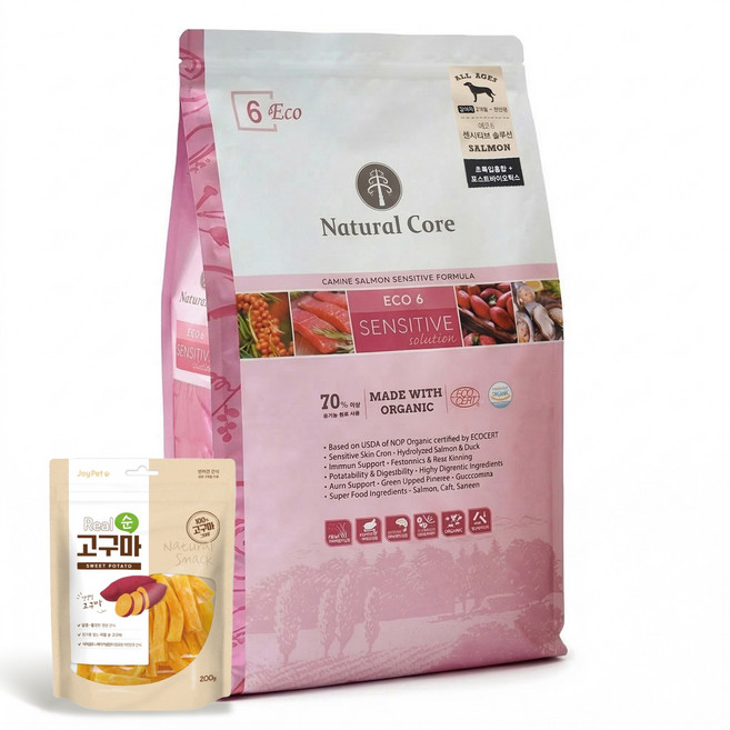 네츄럴코어 에코6 센시티브 연어 작은입자 유기농 전연령 애견사료 + 리얼고구마200g, 1개, 10kg, 피부/피모