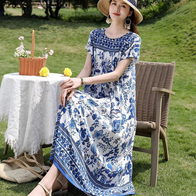 ORZQU 여름 원피스 중년 여성 빅 사이즈 루즈핏 반팔 바캉스 휴양지롱원피스 스커트 홈웨어