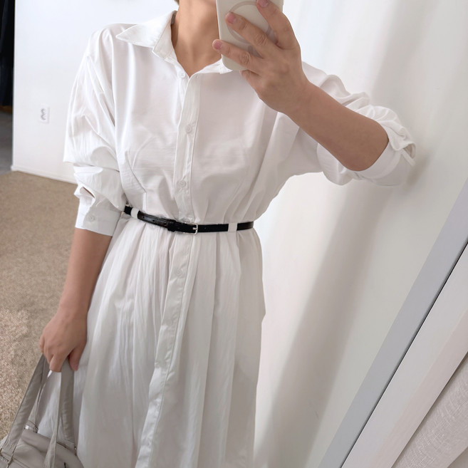 에이치스 모던 페미닌 출근룩 벨트 세트 핀턱 플레어 루즈핏 무지 긴팔 셔츠 롱원피스