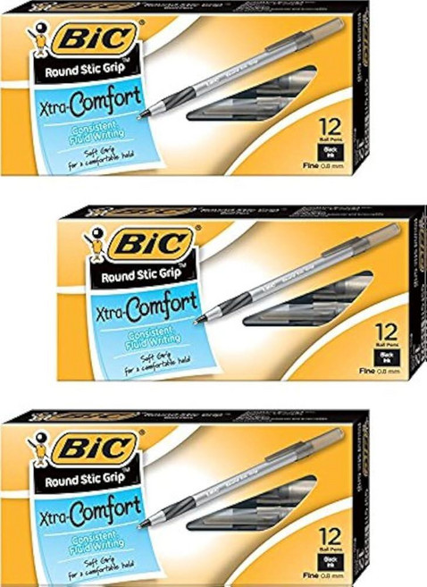BIC Round Stic Grip Xtra Comfort 볼펜 파인 포인트 0.8mm 블랙 3DOZEN GSFG11-BE, BIC Round Stic Grip Xtra Comfo