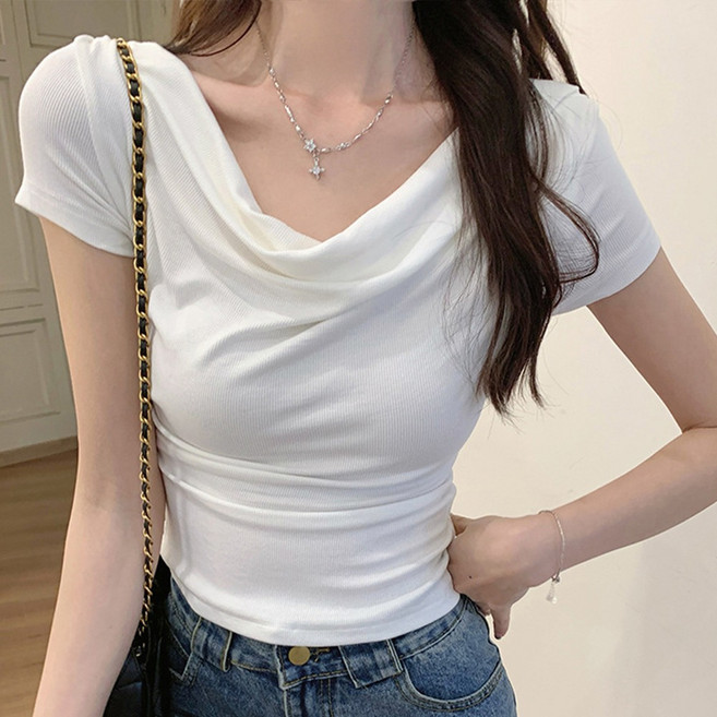 cammello 드레이프 넥 여리핏 골지 반팔 크롭티 쫀쫀 크롭 반팔티