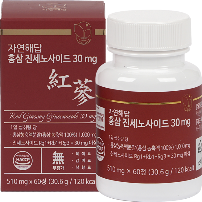 자연해답 6년근 홍삼 진세노사이드 30mg, 1박스, 60정