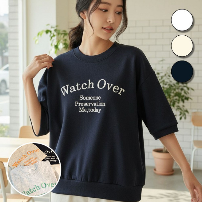 핏몬 라운드넥 자수 레터링 퍼프 반팔 맨투맨 티셔츠 55~77