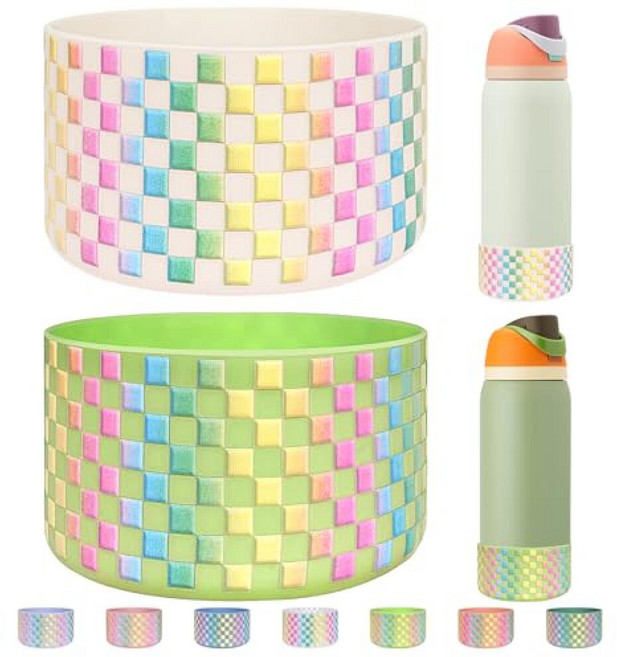HEYSKAY Owala Flask 물병용 실리콘 부츠 2개 709.8ml24온스 미끄럼 방지 보호 슬리브 Twist FreeSip 및 Flip 스테인리스 스틸 물병 B, 다채로운 격자 크림/다채로운 격자 시트론