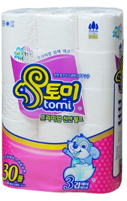 Tomi 천연펄프 3겹 롤화장지 27m, 30롤, 1개