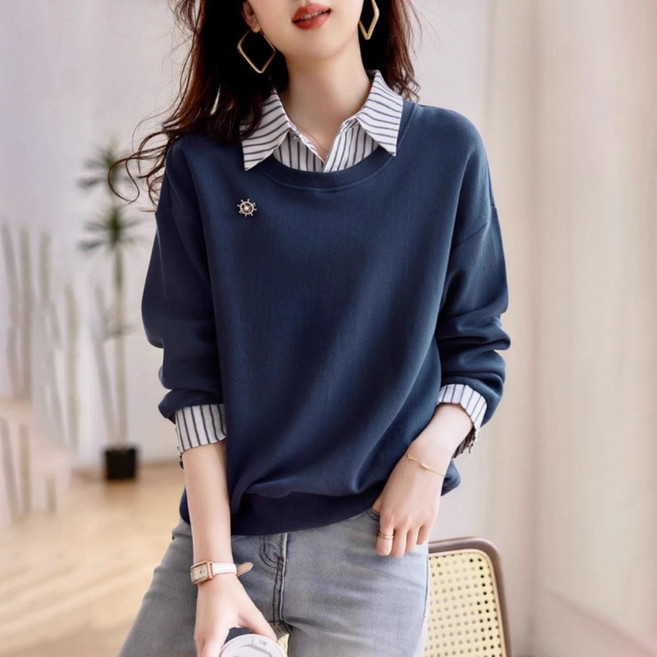 촹싱유푸이 여성 패션 스트라이프 셔츠 레이어드 긴팔 티셔츠 폴로넥 티셔츠 봄가을 캐주얼 맨투맨 날씬해 보이는 가짜 투피스 상의