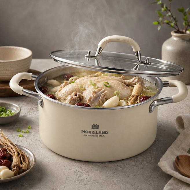 MorkLand 냄비 304 스텐 통3중 가스렌지겸용 이유식 인덕션 냄비, 1개, 베이지, 22cm