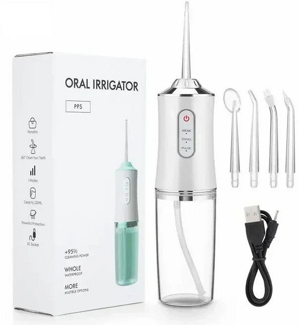 휴대용 구강 세정기 USB 충전식 워터 제트 치실 치아 클리너 4 제트 팁 220ml 3 가지 모드, 1.WHITE, 1개