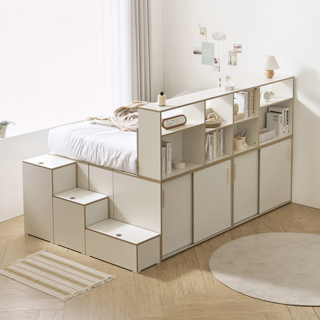 힘찬리빙 젠트 슈퍼 싱글 침대 프레임 책장 수납장 SS 1200 1500 책상 세트, 젠트 책장 수납 침대 프레임 SS(크림화이트)