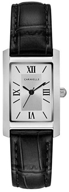 Caravelle New York Bulova 여성용 드레스 3핸드 쿼츠 시계 직사각형 케이스 로마 숫자 곡선형 미네랄 블랙 스트랩/실버