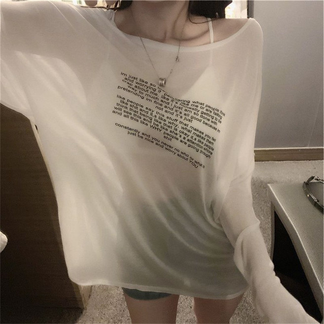 besteffie 여성용 긴팔 티셔츠 통기성 좋은 오버핏 시스루 프린트 디자인 봄여름 햇빛 차단 가벼운 긴팔 K92