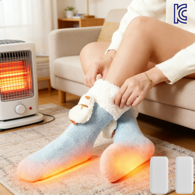 KC인증 무선 충전식 온열양말 발 찜질기 덧신 발난로 겨울 수족냉증 방한 수면양말 물세탁 가능+보조배터리 2개, 파란