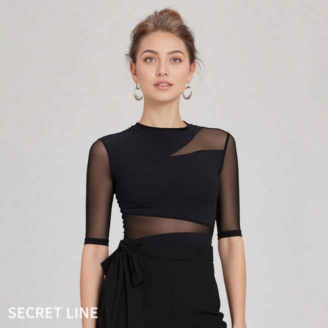 시크릿라인 라인댄스복 사선 부분 망사 줌바 밸리 상의 블랙, XL