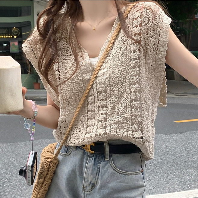 Judah 여리핏 뜨개 크로셰 베스트 여름 여성 시스루 민소매 조끼 데일리 오버핏 펀칭 캐주얼