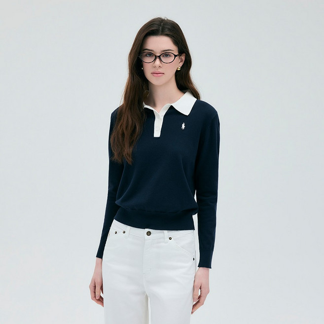 라파클럽 여성 카라 투톤 배색 긴팔 니트 스웨터 자수 로고