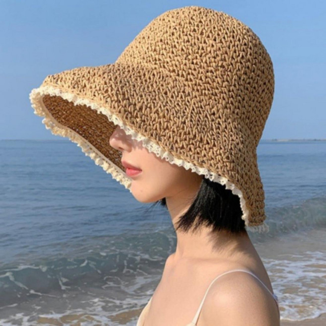 끝단 레이스 여성 휴양 왕골 밀짚 모자 여름 바캉스 비치 해변 자외선차단 예쁜 여름 패션 벙거지 잡화, FREE, 베이지