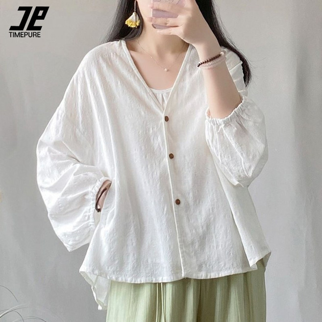 타임퓨어 여성 린넨 면마 브이넥 루즈핏 긴팔 가디건 빅사이즈 버튼 캐주얼 얇은 셔츠 봄 가을 편한 다용도 상의