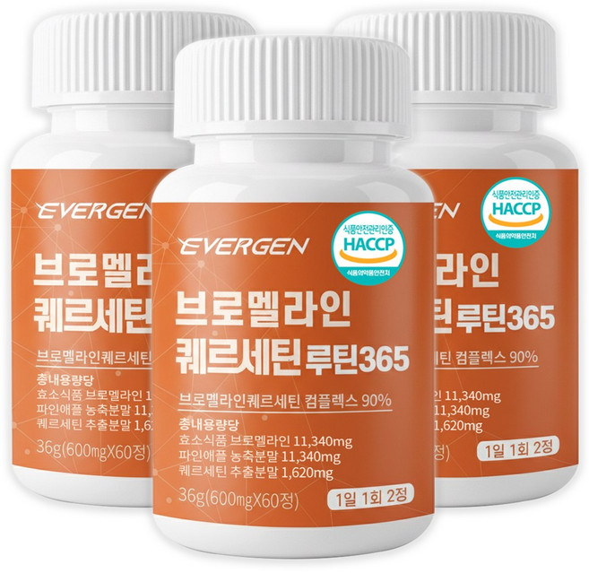 에버젠 브로멜라인 퀘르세틴 루틴365 파인애플 효소, 3개, 60정