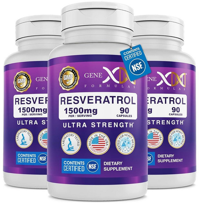 Genex 레스베라트롤 1500mg 3팩 - 최대 강도 항산화 보충제 추출물 | 트랜스 레스베라트롤은 니코틴아미드 모노뉴클레오티드(NMN)와 잘 어울립니다. GMP 시설에서, 90