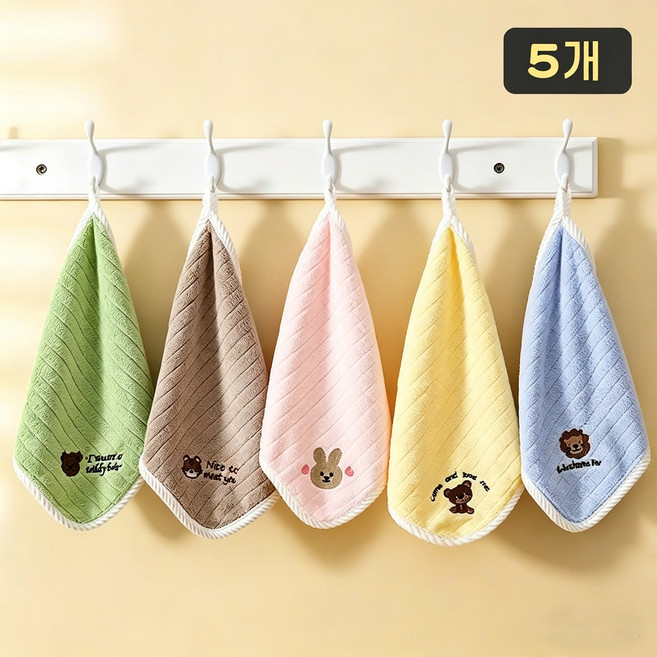 Lumiweft 동물상 캐릭터 자수 핸드타올 항균 미니 고리수건 집들이 선물, 혼합 색상, 5개