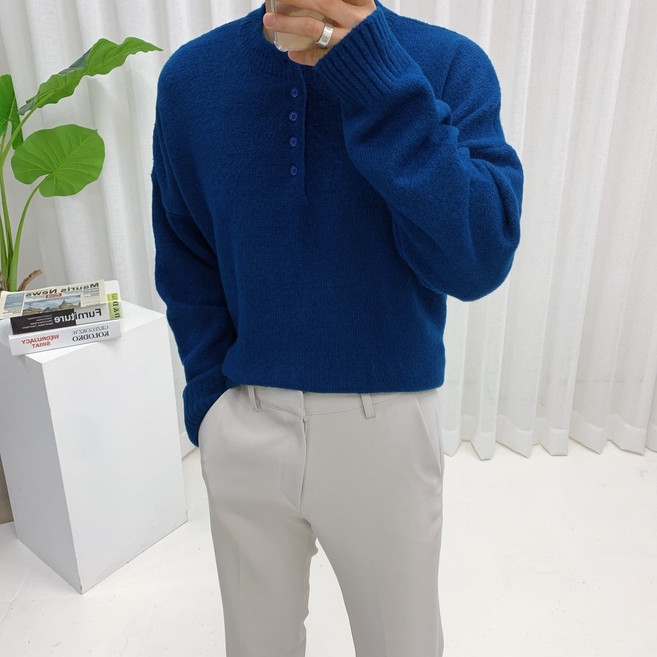 스트릿제이 헨리넥 오버핏 니트 단추 하프카라 오픈넥 긴팔 상의 캐주얼 스웨터