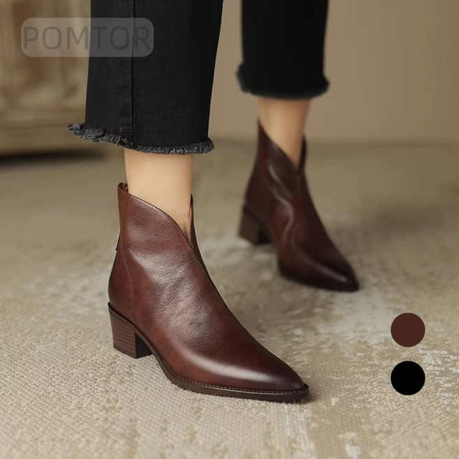 POMTOR 여성 뾰족코 앵클부츠 하이힐 지퍼 4cm