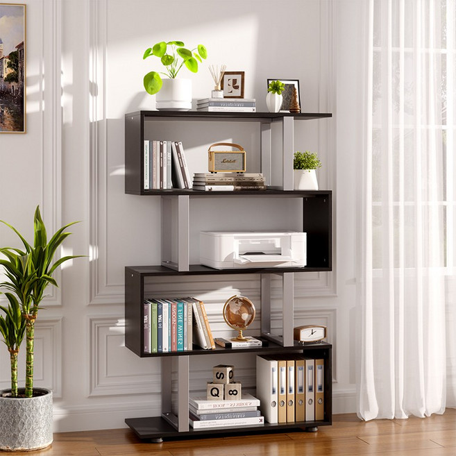 월로덴 책장 책꽂이 전면 낮은책장 파티션 책장, 블랙/실버, 4단